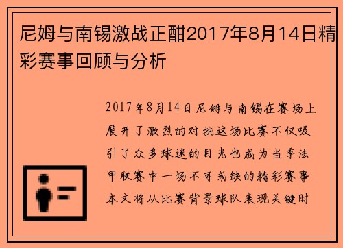 尼姆与南锡激战正酣2017年8月14日精彩赛事回顾与分析
